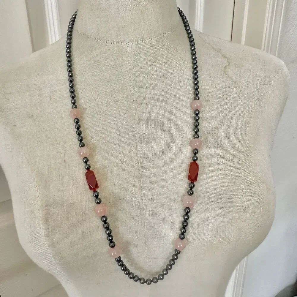Hematite, Rose Quartz & Carnelian Gemstone Beaded Necklace